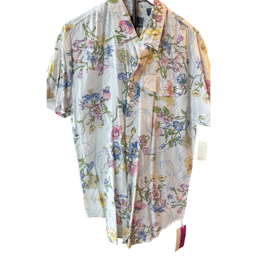 Lizwear Men's White Multicolor Floral Polyester Button-Up Shirt L Regular SS